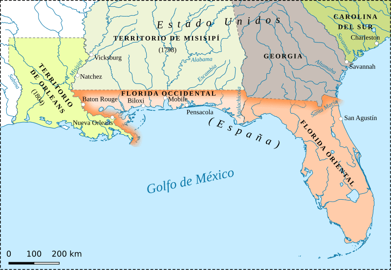 Mapa de Florida Española, Este y Oeste en 1810