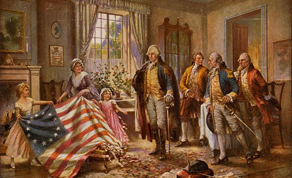George Washington con bandera de Estados Unidos y damas