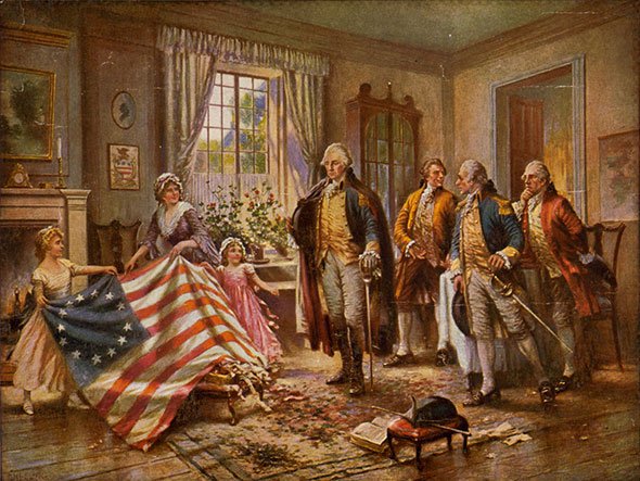 George Washington con bandera de Estados Unidos y damas