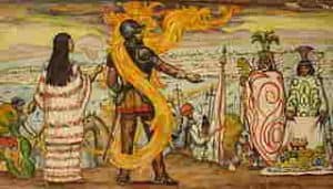 Pintura idealizada de Cortès y Malinche con Moctezuma