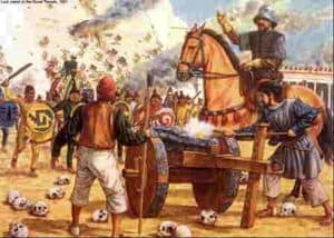 Cortes y los españoles peleando con los aztecas