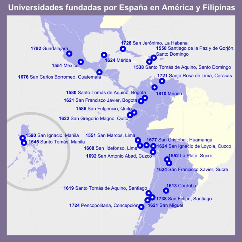 Mapa con las Universidades creadas por España por toda América y Filipinas