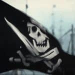 Bandera negra pirata con calavera y espadas