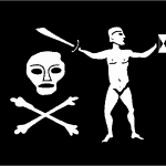 Bandera negra del celebre pirata Dulaien con Calavera, huesos y hombre armado